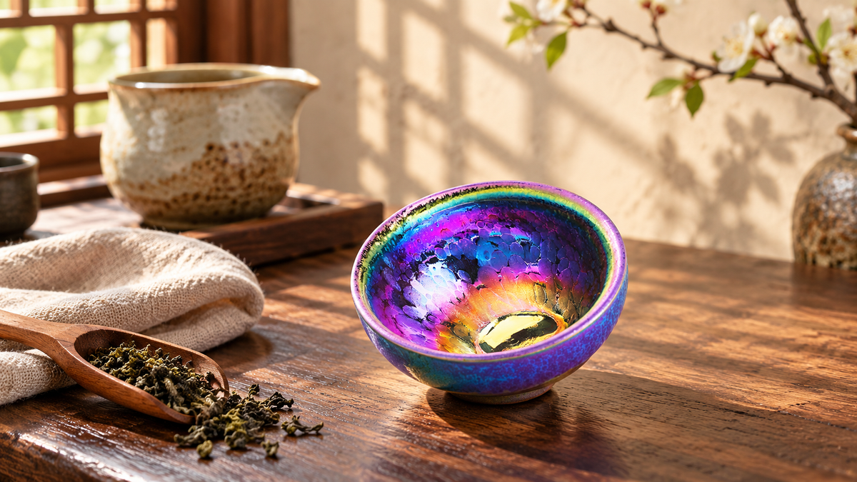 Aurora Rainbow tea cup on a walnut tea table with linen and tea leaves; styled illustration