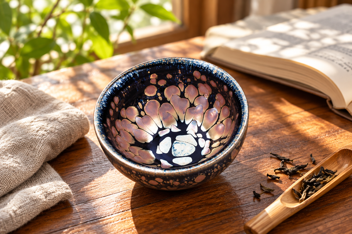 Golden Lotus Glaze Tea Cup on a walnut table with linen and tea leaves