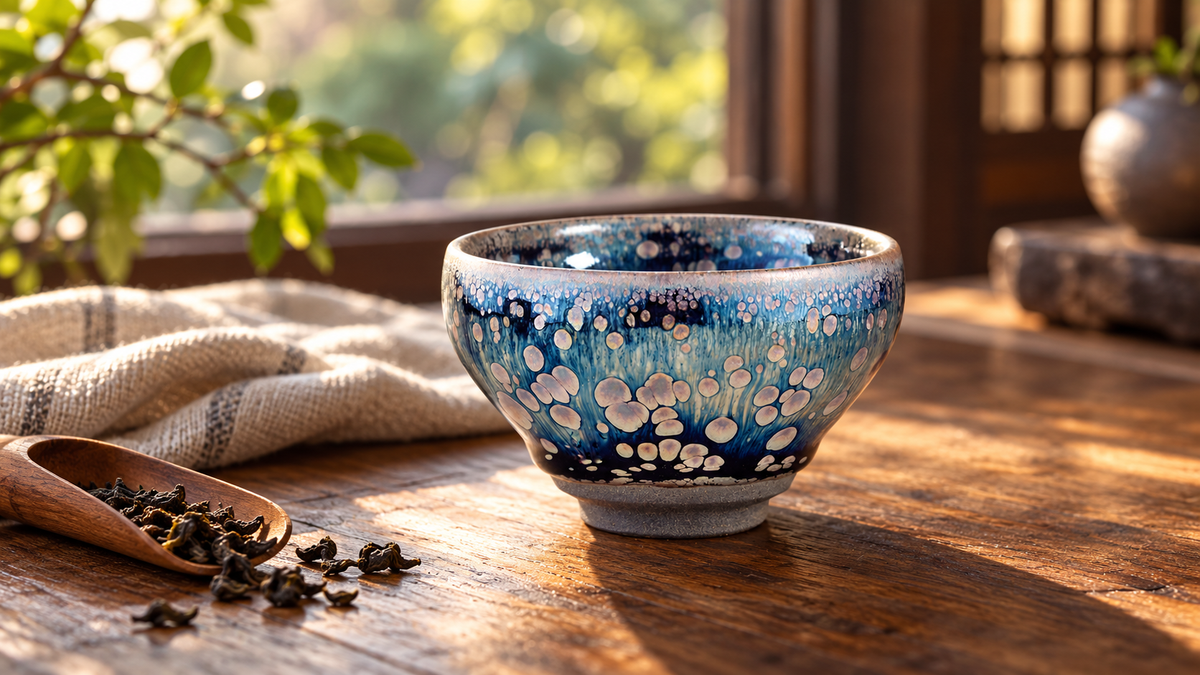 Galaxy Moonshadow Jianzhan cup on a walnut tea table beside linen and a wooden tea scoop