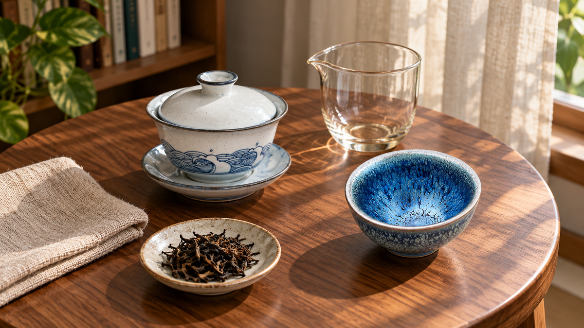 Blue and white wave gaiwan and blue crackle glaze cup on a small tea table