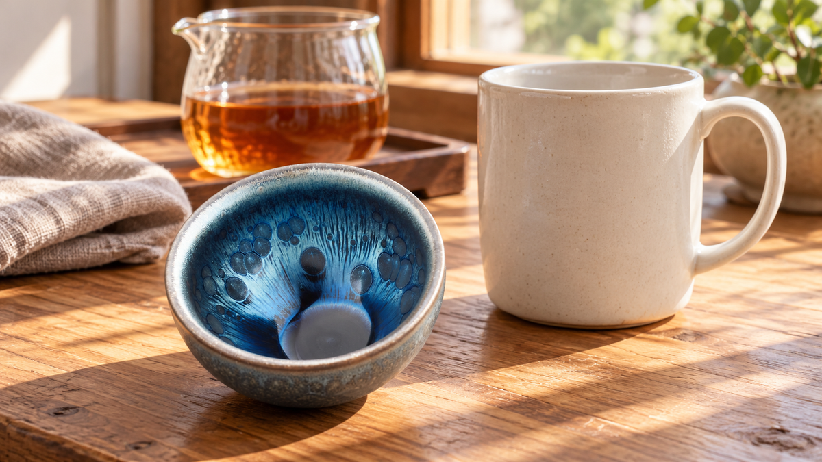 Ocean Flow blue ceramic tea cup beside a plain mug on a sunlit tea table