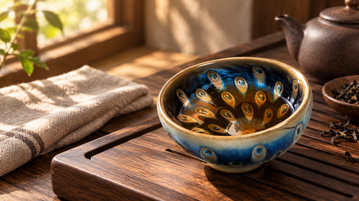 Peacock Eyes Tenmoku tea bowl on a walnut tea tray in warm light