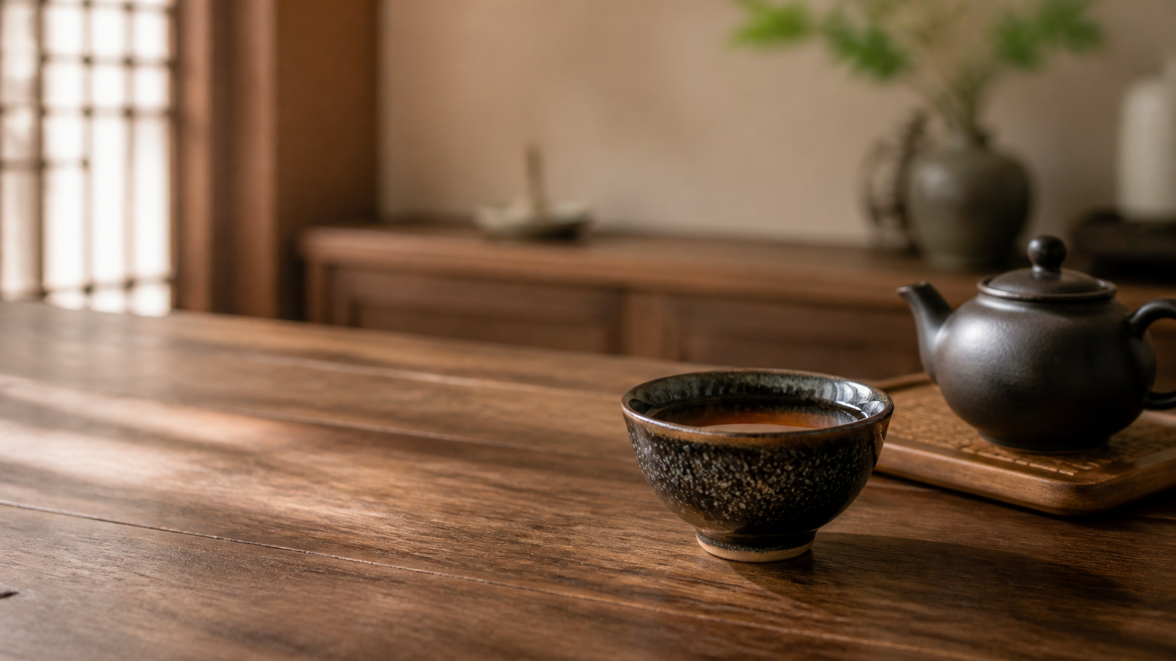 Handmade dark Tenmoku tea cup filled with amber tea on a wooden tea table