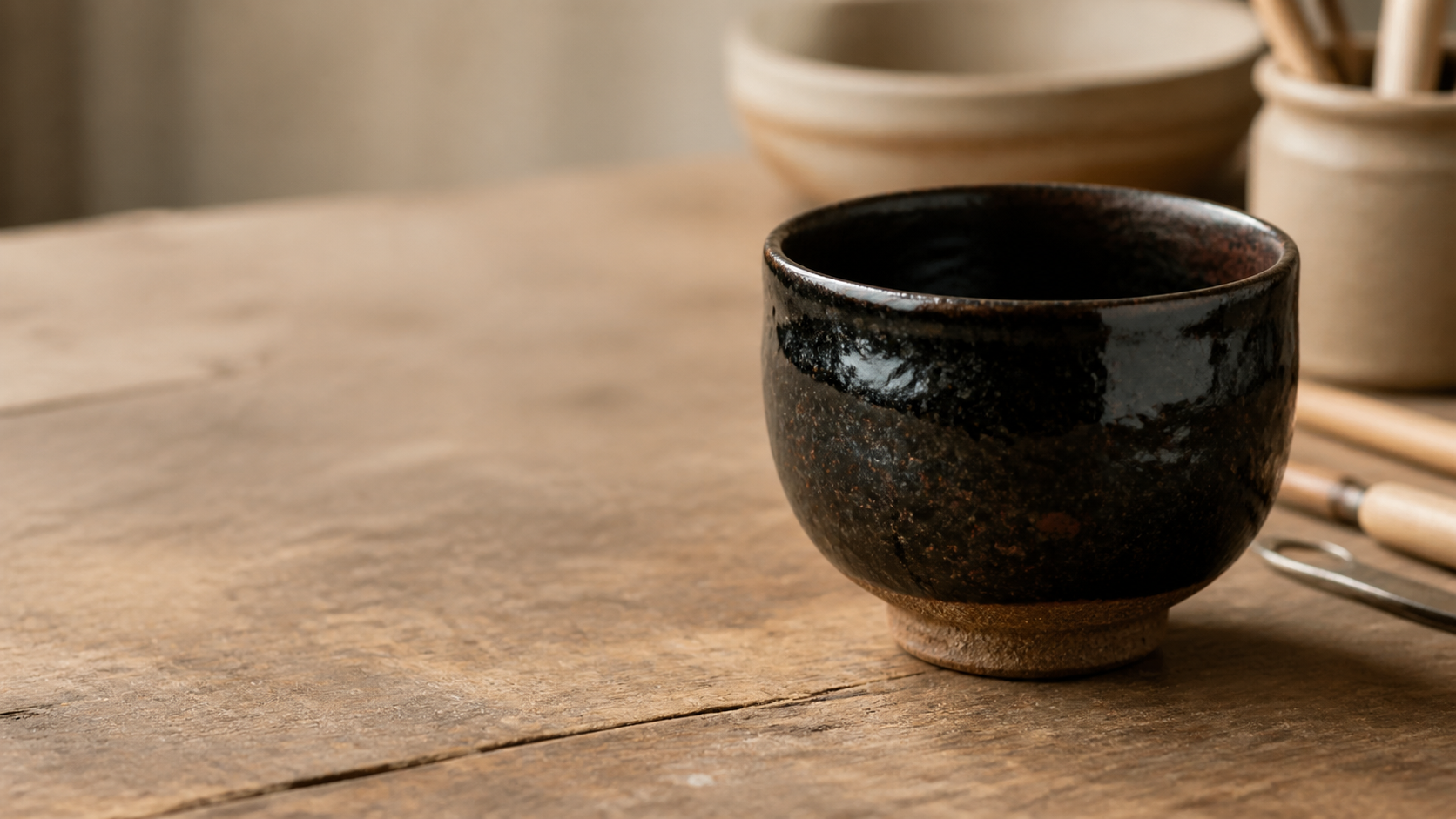 Handmade ceramic tea cup with raw clay texture and dark Tenmoku glaze on a potter's workbench