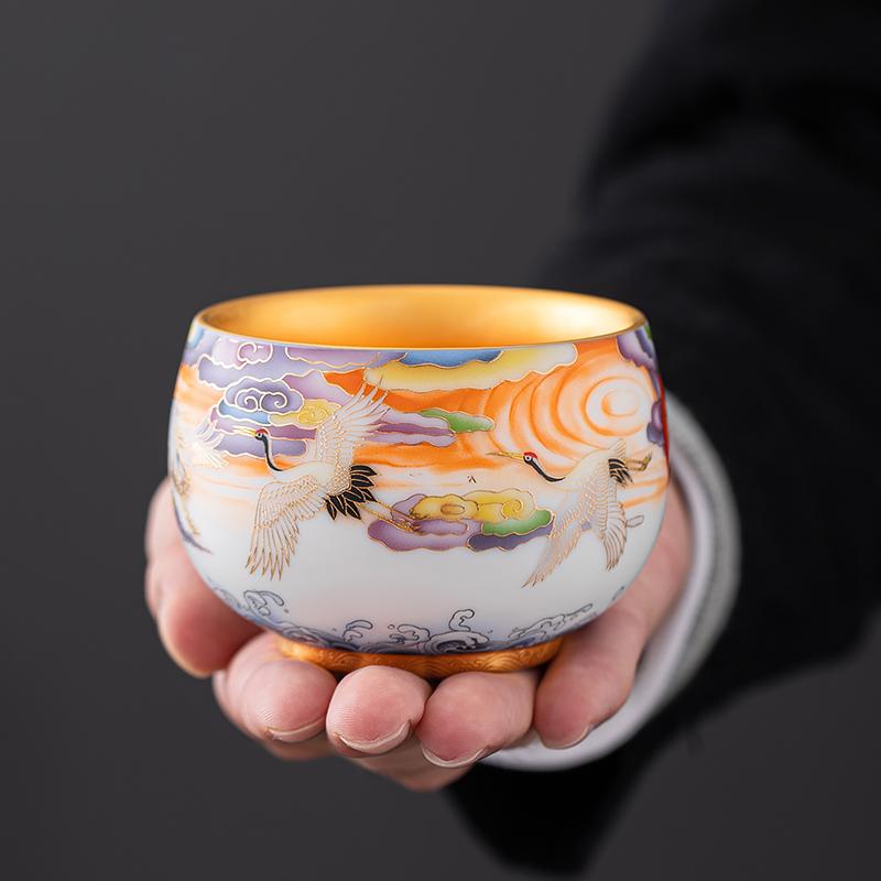 Golden Crane Tenmoku Ceramic Tea Cup