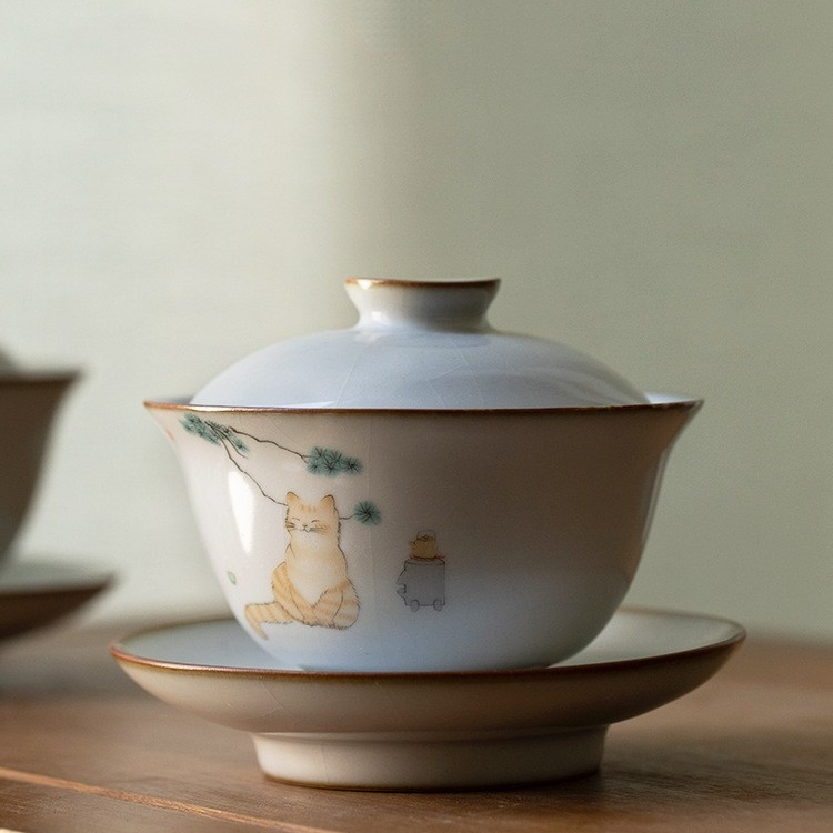 Art Tea Cup JianZhan Tenmoku Gai Wan Cat