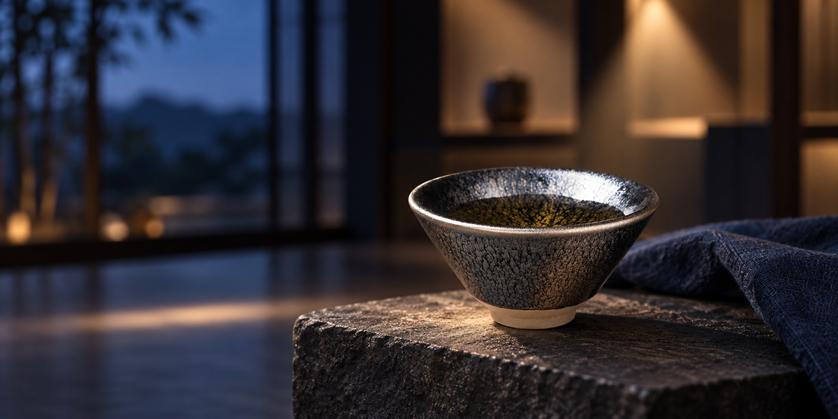 Bamboo Hat-Shaped Oil-Spot Glaze Jianzhan Cup on a stone display in dramatic evening light