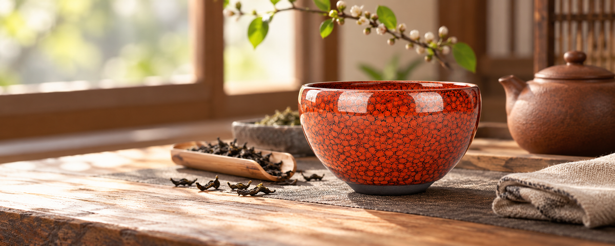 Orange Flow Tenmoku Ceramic Teacup Bowl on a warm tea table with teapot and tea tools