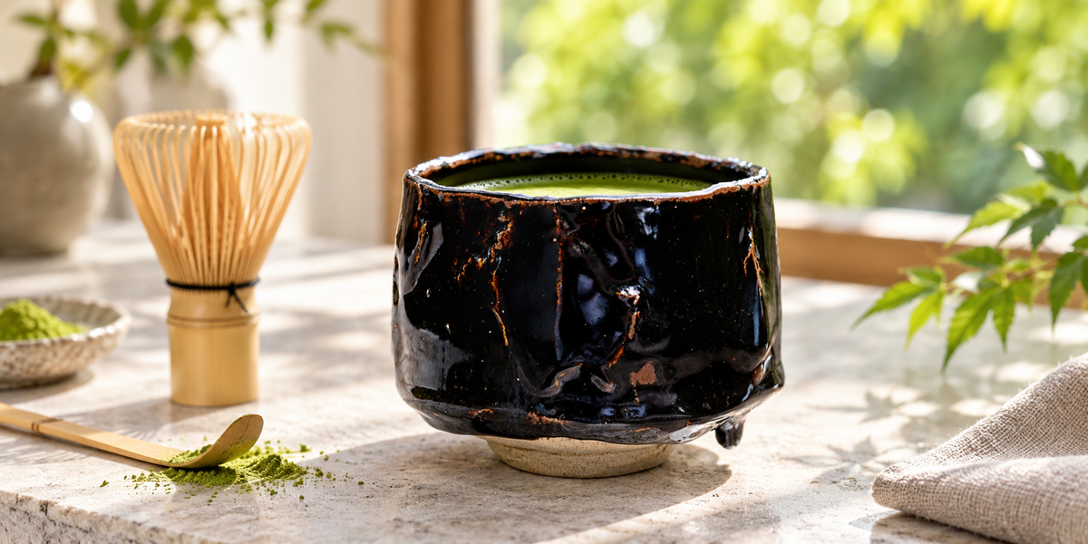 Black Glaze Handmade Tea Cup in a bright tea studio with a bamboo matcha whisk nearby