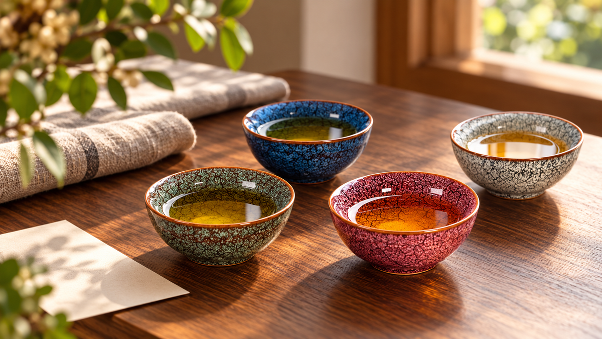 Four colourful tea cups on a sunlit table beside a blank gift note