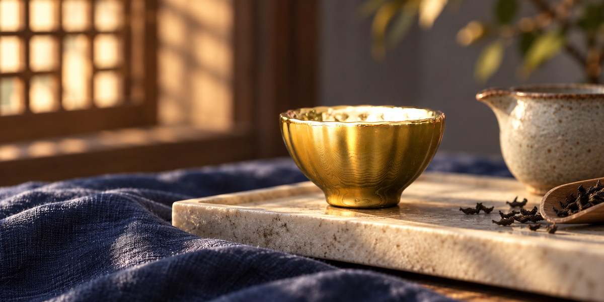 Vivid Gold Tenmoku tea cup in a warm tea setting with indigo linen and loose tea leaves