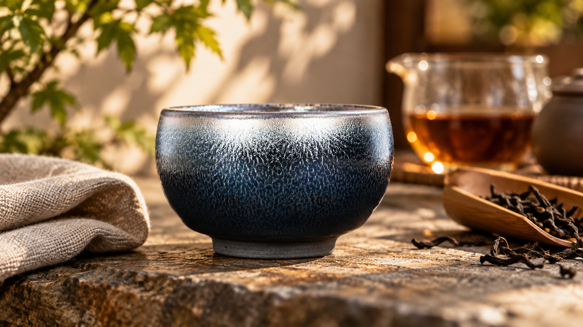 Blue Kirin Zen Jianzhan teacup in a sunlit tea setting