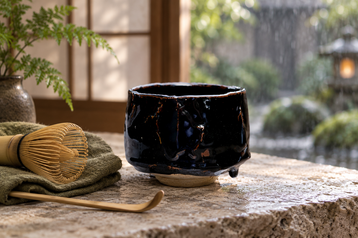 Styled Black Glaze Handmade Tea Cup beside a whisk on a rainy-day tea counter