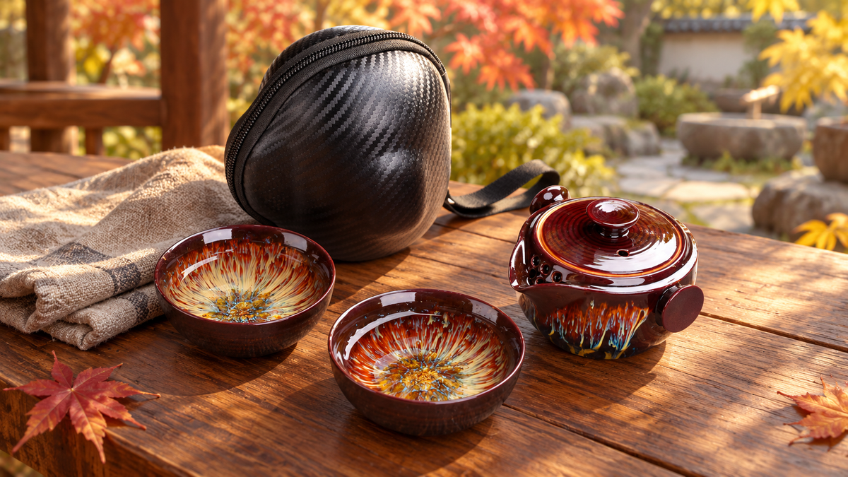 Portable tea set with two cups and a carry case on an autumn garden terrace