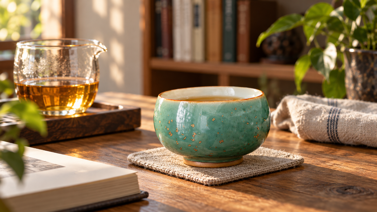 Green Glaze Gold Spot Tea Cup in a warm reading-corner tea setting