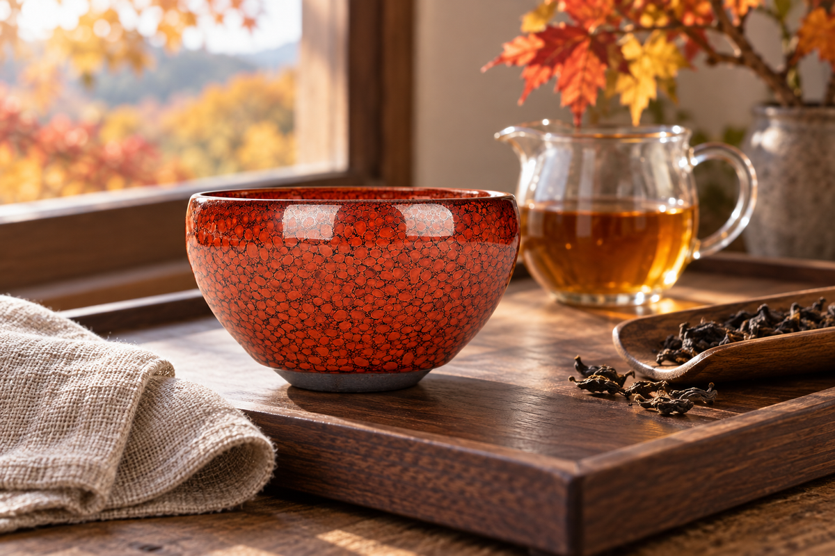 Orange Flow tea bowl in an autumn tea-table scene