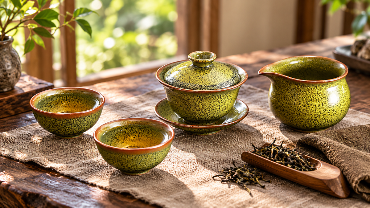 Sunflower Tenmoku gaiwan, pitcher and cups arranged on a window-side home tea table