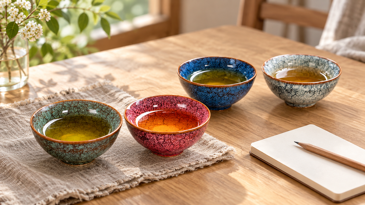 Styled home tea tasting scene with four Four Seasons Jianzhan cups and a notebook