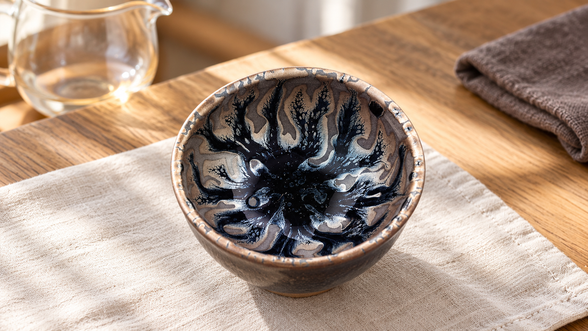 Deep Sea Coral Glaze tea cup resting on linen beside a glass tea pitcher