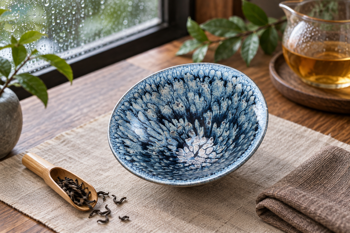 Blooming Tenmoku cup in an AI-styled tea-table scene based on the store product photograph