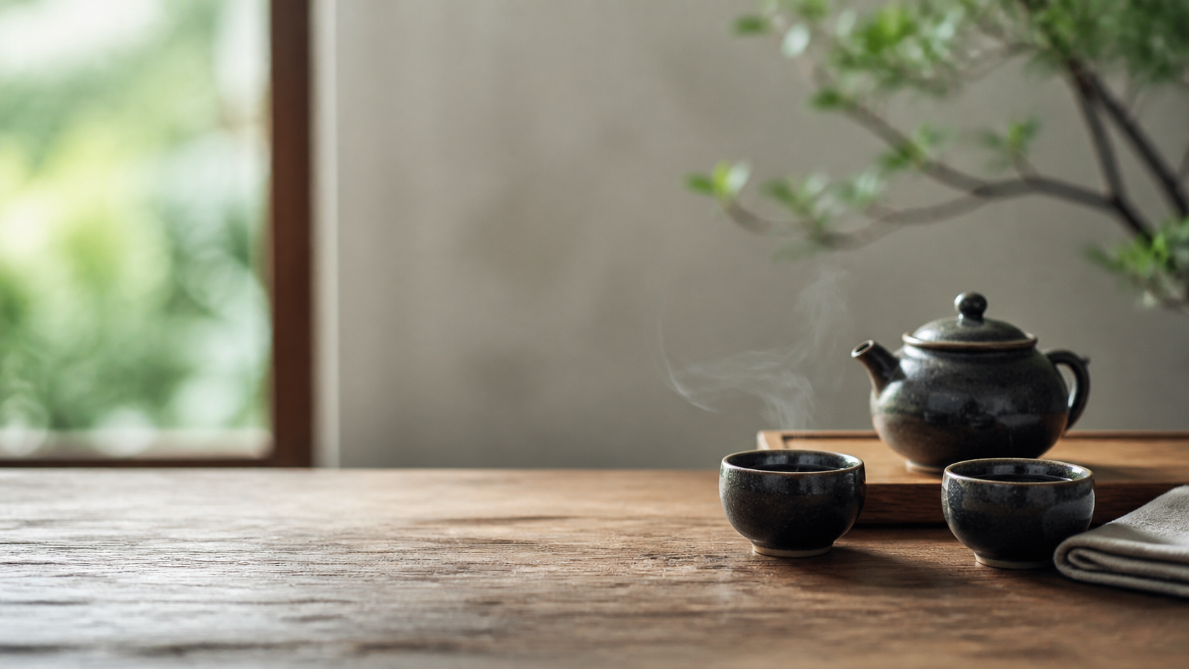 A serene tea ceremony table with handmade Tenmoku cups and a ceramic teapot
