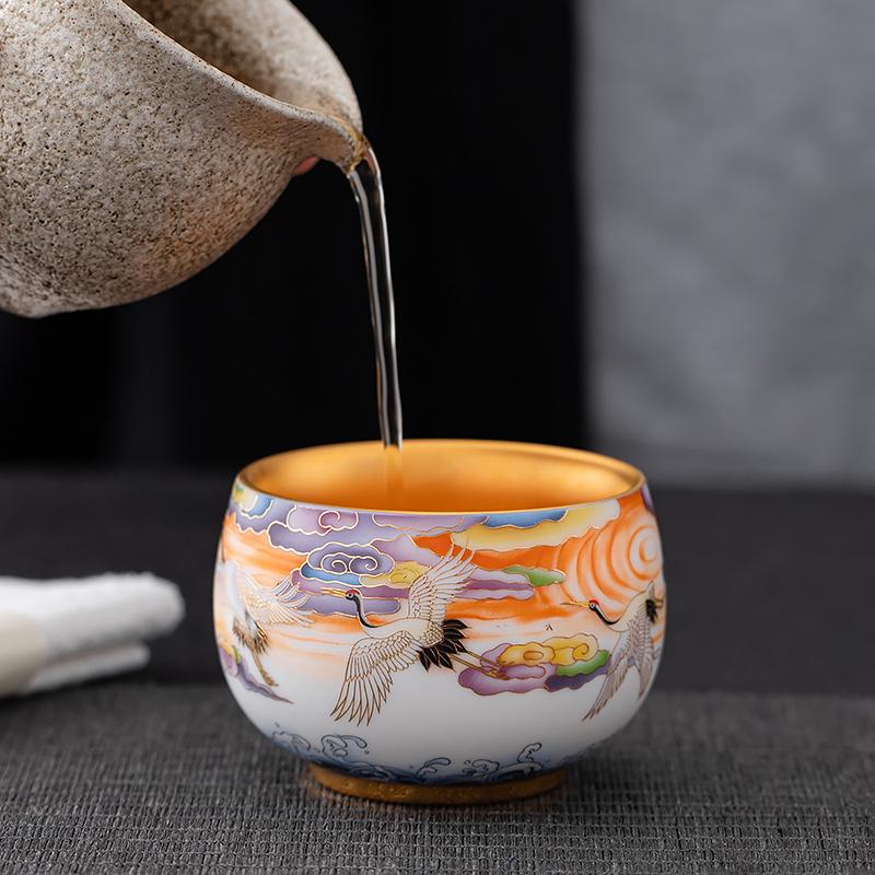 Golden Crane Tenmoku Ceramic Tea Cup