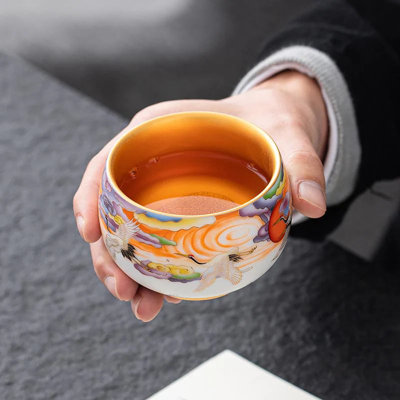 Golden Crane Tenmoku Ceramic Tea Cup