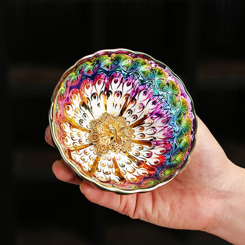 Vivid Peacock Tenmoku Tea Cup
