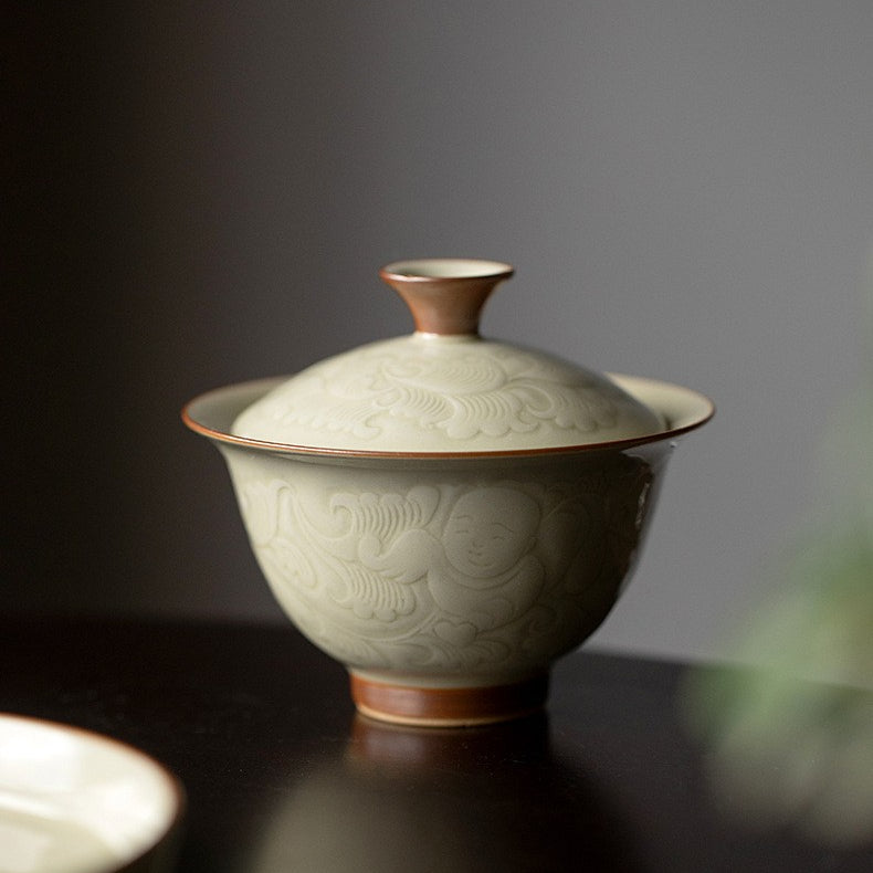 Art Tea Cup JianZhan Tenmoku Gai Wan Peony