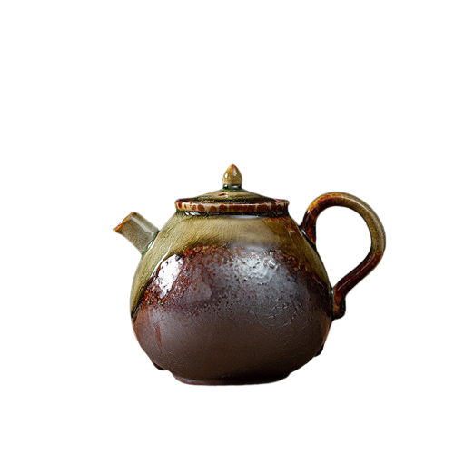 A brown ceramic teapot with a floral pattern and a handle on the side.