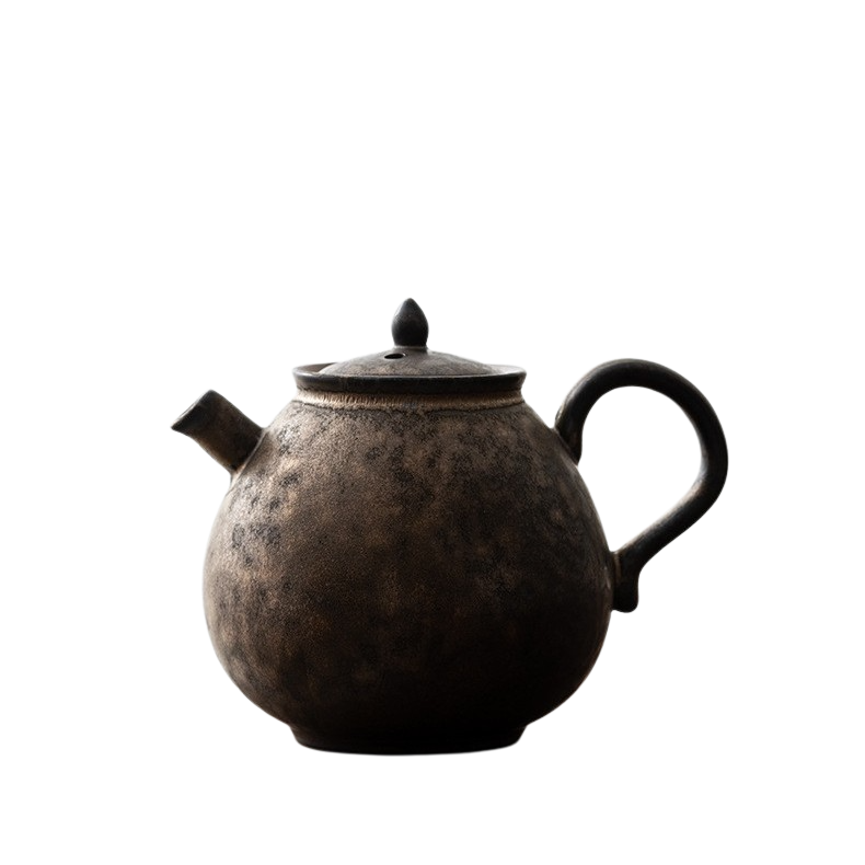 A retro style tenmoku teapot with a lid and spout, predominantly in a dark color.