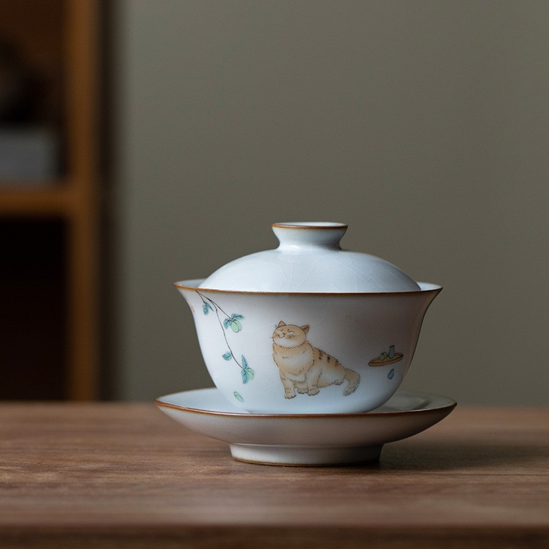 Art Tea Cup JianZhan Tenmoku Gai Wan Cat