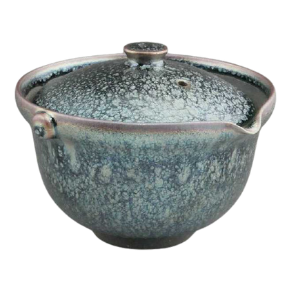 A black Tenmoku jewel teapot with a handle, featuring silver drops and a speckled pattern.