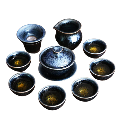 Glacier Flow Tenmoku Ceramic Tea Cup Set