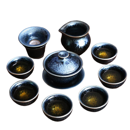 Glacier Flow Tenmoku Ceramic Tea Cup Set