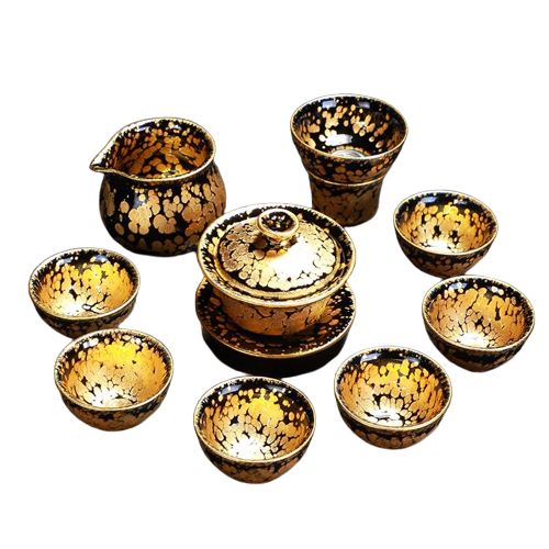 Golden Flow Tenmoku Ceramic Tea Cup Set