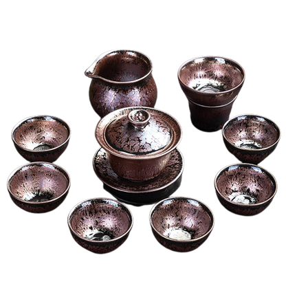 Succulent Pattern Tenmoku Ceramic Tea Cup Set