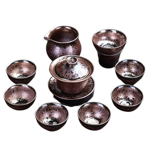 Succulent Pattern Tenmoku Ceramic Tea Cup Set
