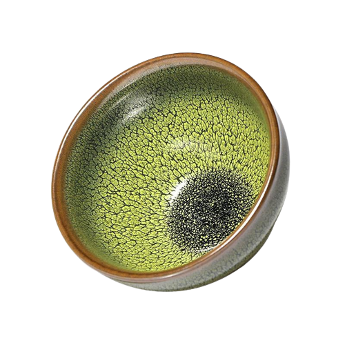 A round ceramic tea cup with a green and brown glaze and a black center.